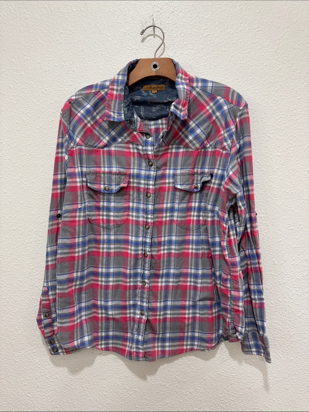Jachs Girlfriend Bea Plaid Western Flannel Shirt Pink Gray Blue XL